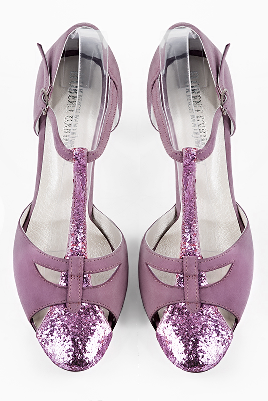 Hot pink and mauve purple women's T-strap open side shoes. Round toe. High kitten heels. Top view - Florence KOOIJMAN
